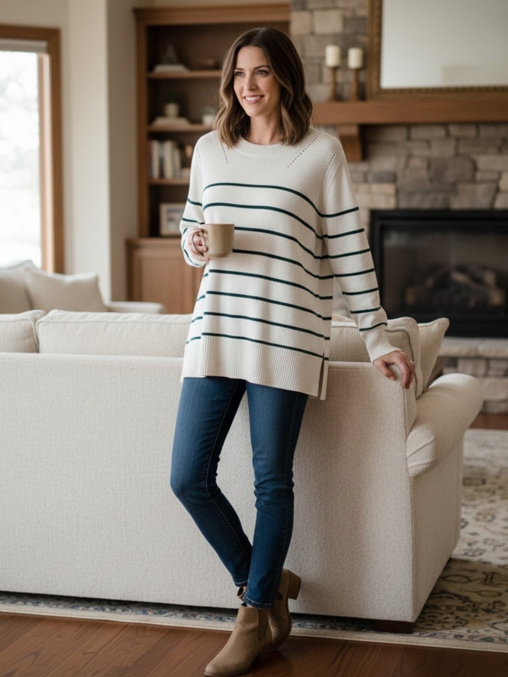 Penningtons Cream and Green Stripped Crewneck Knit Sweater 4X